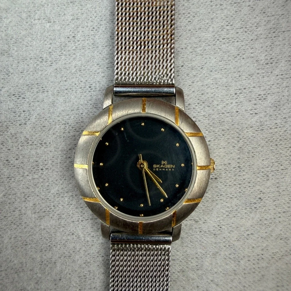 Skagen Denmark 355SSB Womens Watch Silver Mesh Band Black Dial Two Tone Gold
